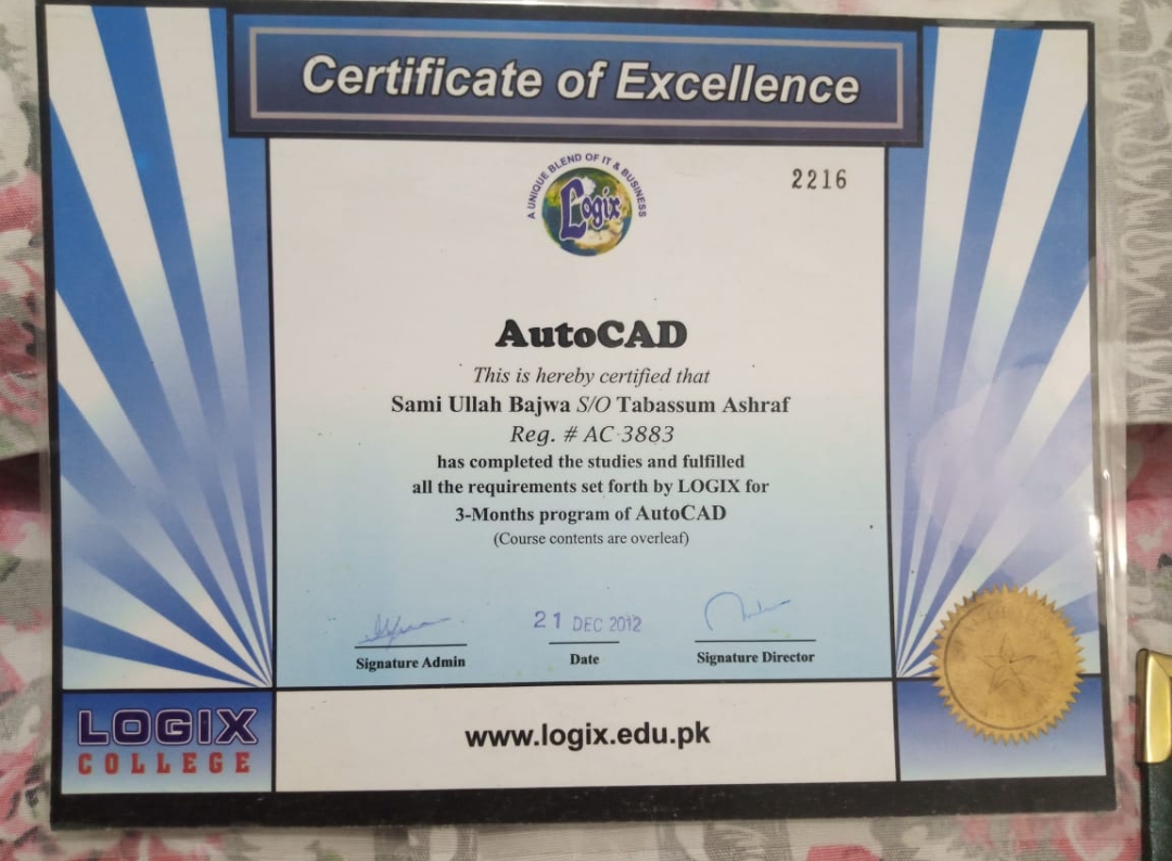Logix College AutoCAD Certificate of Excellence